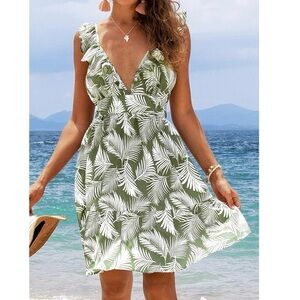 Tropical Print Deep V Backless Dress